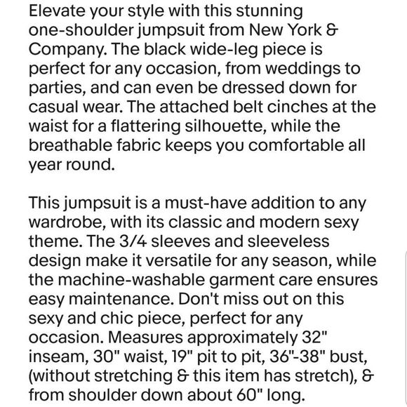 NY & Co Sexy Sleek Wide Leg 1 Shoulder Belted Jumpsuit Black NWT Sz.M $80 retail - Picture 8 of 12